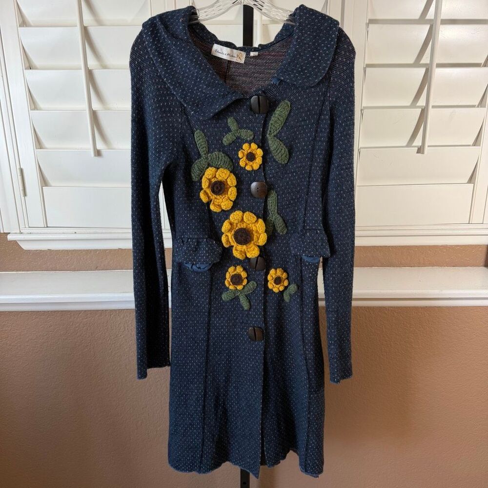 Anthropologie Charlie & Robin Blue Sunflower Sweater Knit Coat Artsy Boho Indie